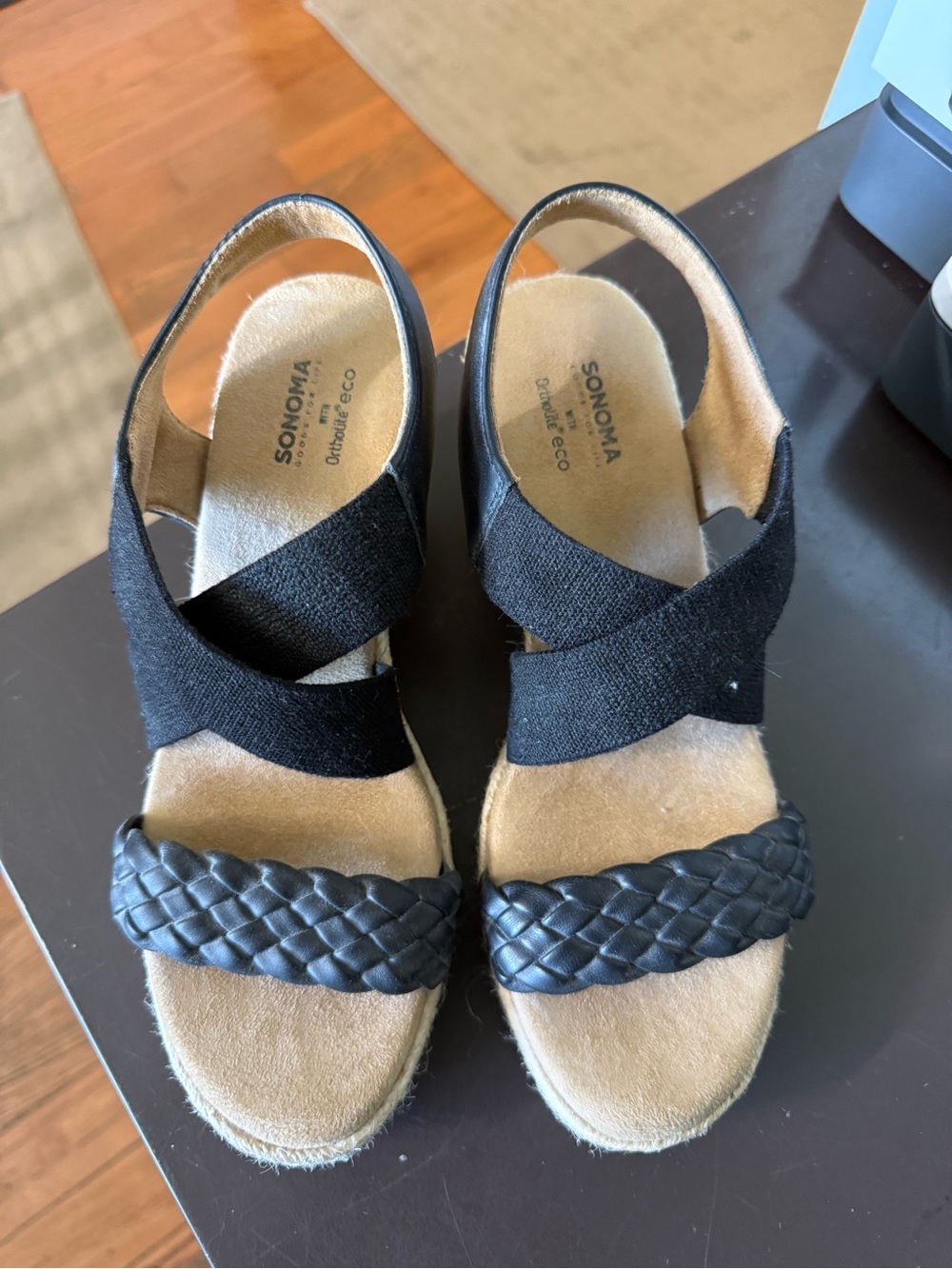SONOMA Black Braided-Front Wedge Sandals with Cross Elastic Straps